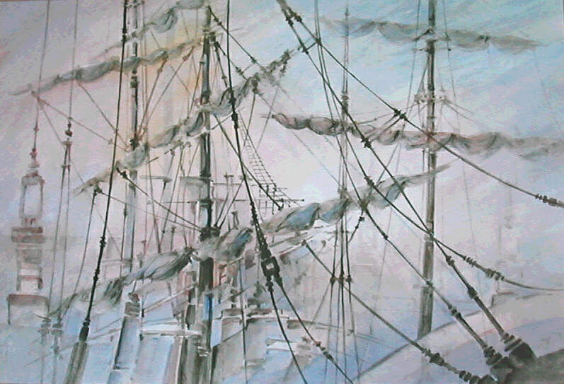 Masts at Sunset - watercolor