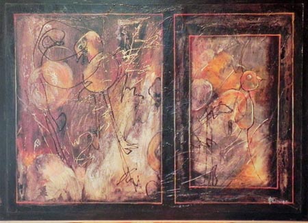 untitled diptych with tar and acrylic paint