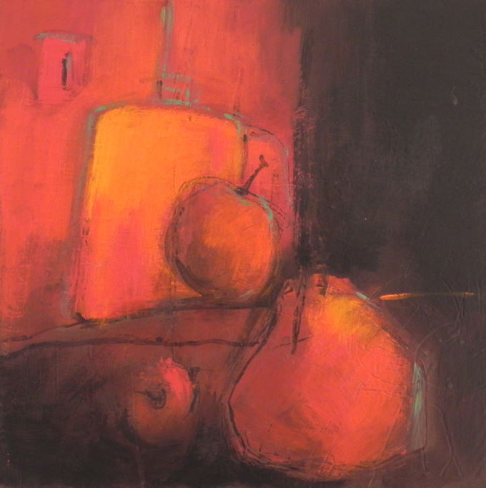 Trois fruits - Série rouge-bleu-noir - Fabienne Quinsac, peinture informelle